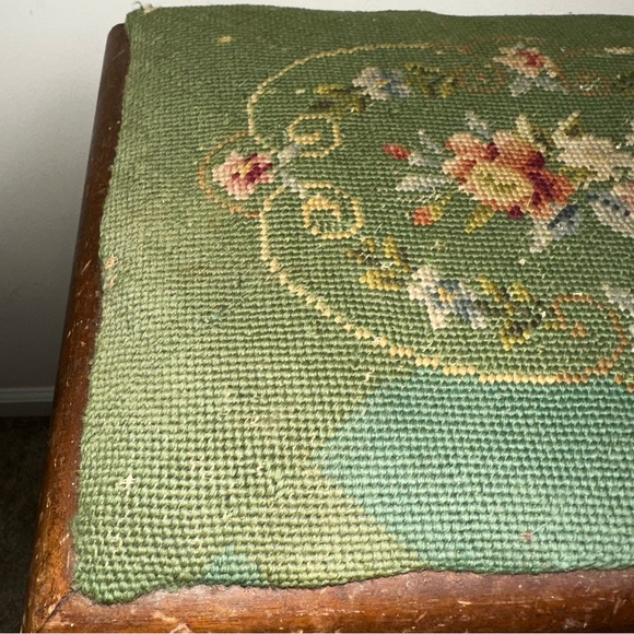 Vintage Handcrafted Needlepoint Floral Footstool Wood Victorian Grandma Green - Picture 2 of 16